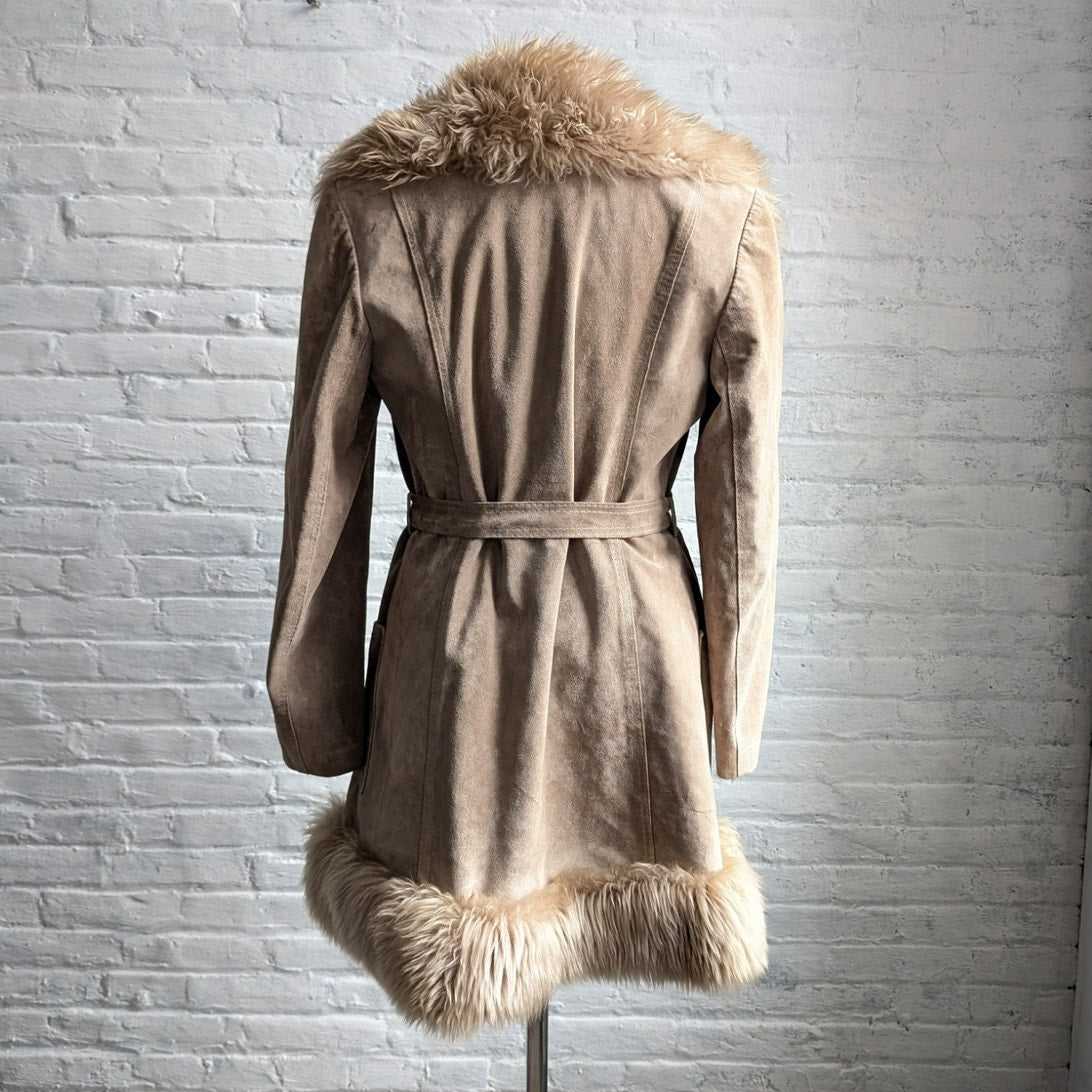 70s Vintage Brown Leather Penny Lane Coat Tan Suede Fur Groovy Boho Afghan Coat