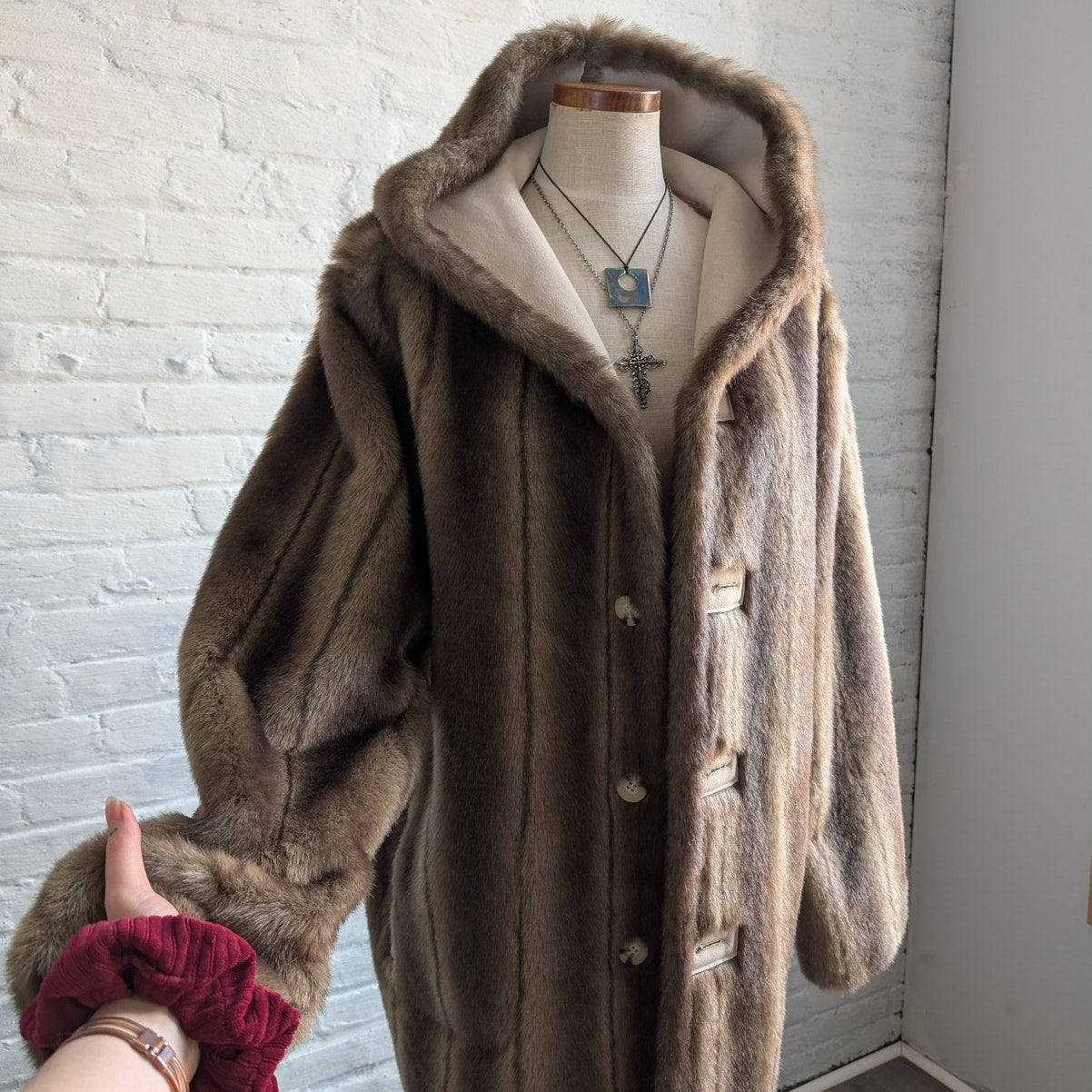 Vintage Brown Faux Fur Coat Vegan Suede Reversible Plush Cozy Trench Jacket