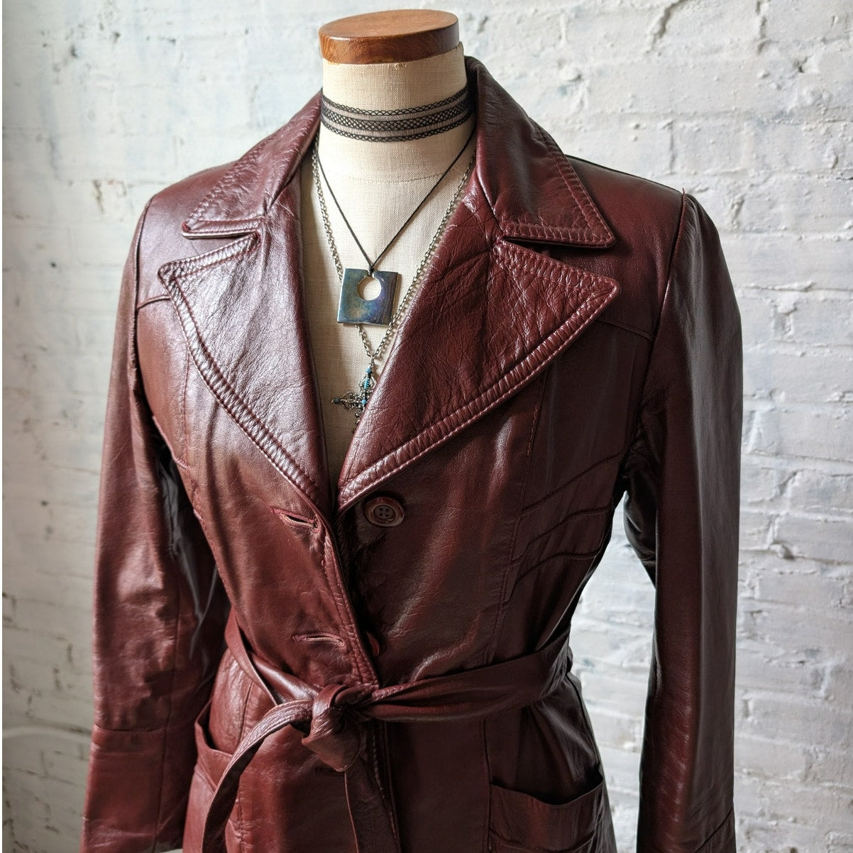 Vintage Red Leather Jacket Trench Coat Minimalist Grunge Chic Burgundy Medium