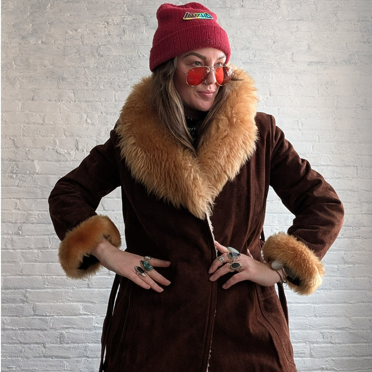 Vintage Brown Suede Penny Lane Coat Faux Fur Furry Afghan Leather Groovy Jacket