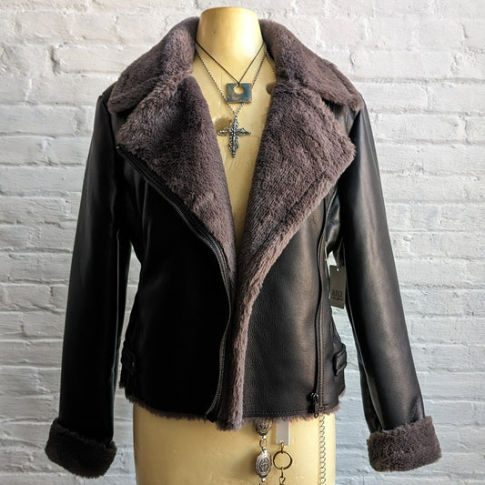 Y2K Black Faux Leather Faux Fur Moto Jacket Bomber Minimalist Grunge Biker Coat