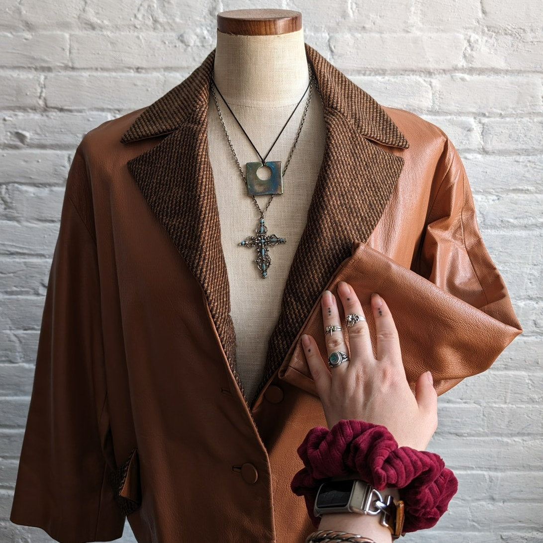 Vintage Brown Leather Jacket Rusty Orange Cropped Preppy Blazer Tweed Coat Small
