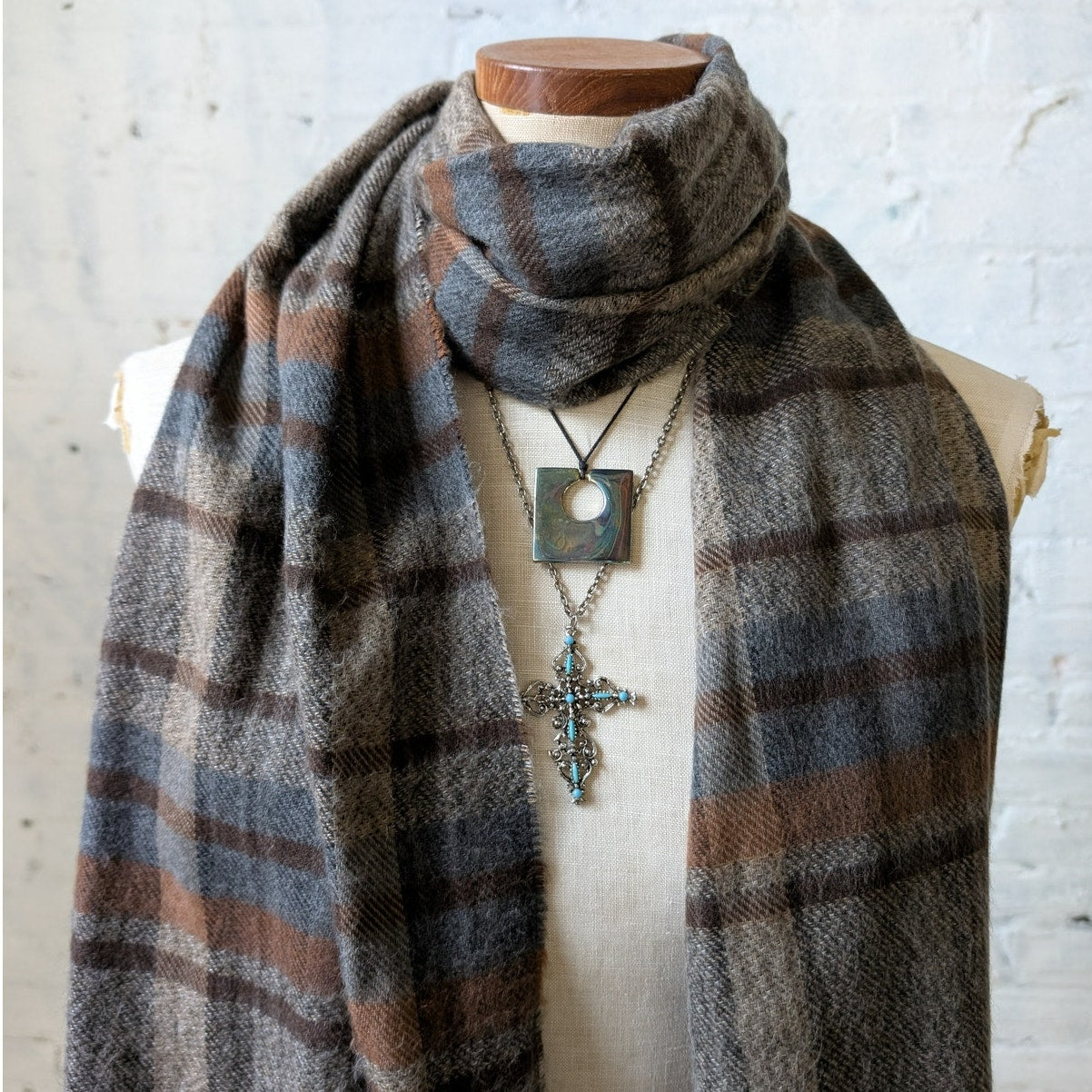 Vintage Knit Earthy Plaid Fringe Scarf Italian Striped Flannel Fuzzy Shawl Wrap