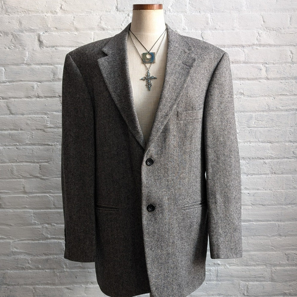 Vintage Wool Chevron Blazer Minimalist Preppy Jacket Chic Office Gray Coat Large