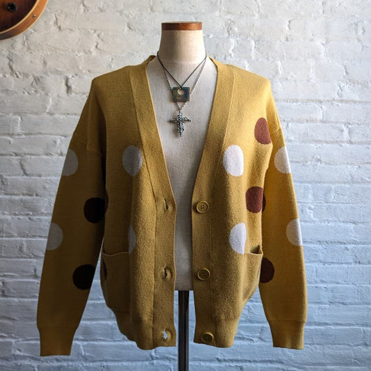 Retro Yellow Polkadot Knit Cardigan Mustard Preppy Sunshine Granny Chic Sweater