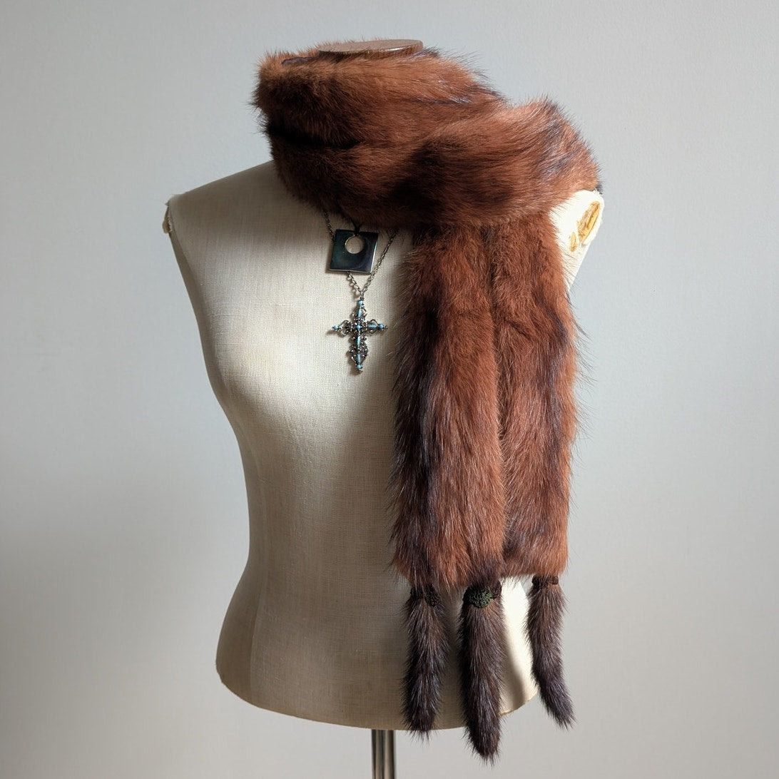 Vintage Red Mink Fur Stole Glam Mobwife Shrug Luxury Scarf Shawl Furry Collar