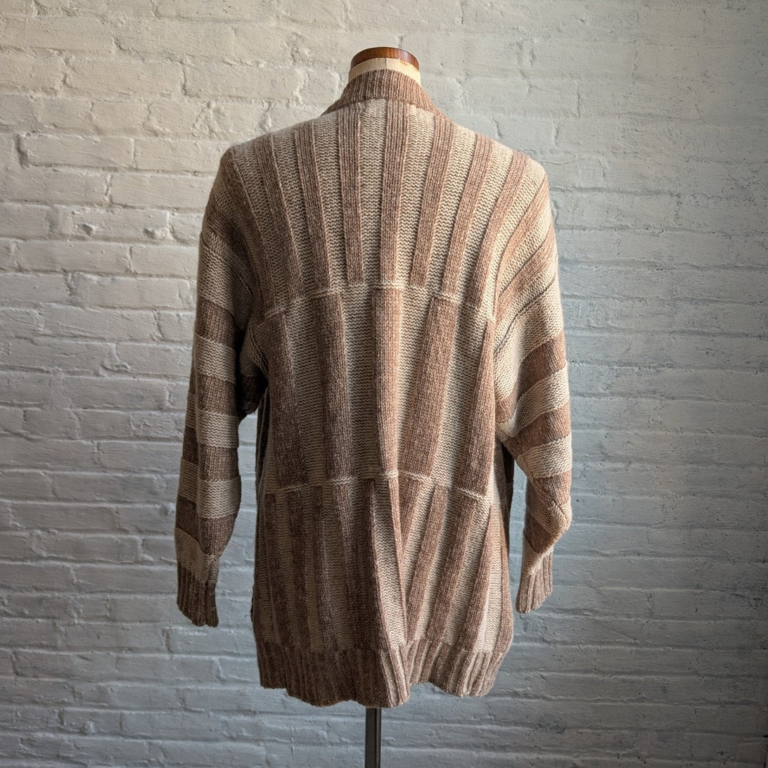 Vintage Wool Neutral Knit Cardigan Zipper Chunky Stripe Sweater Cozy Shacket