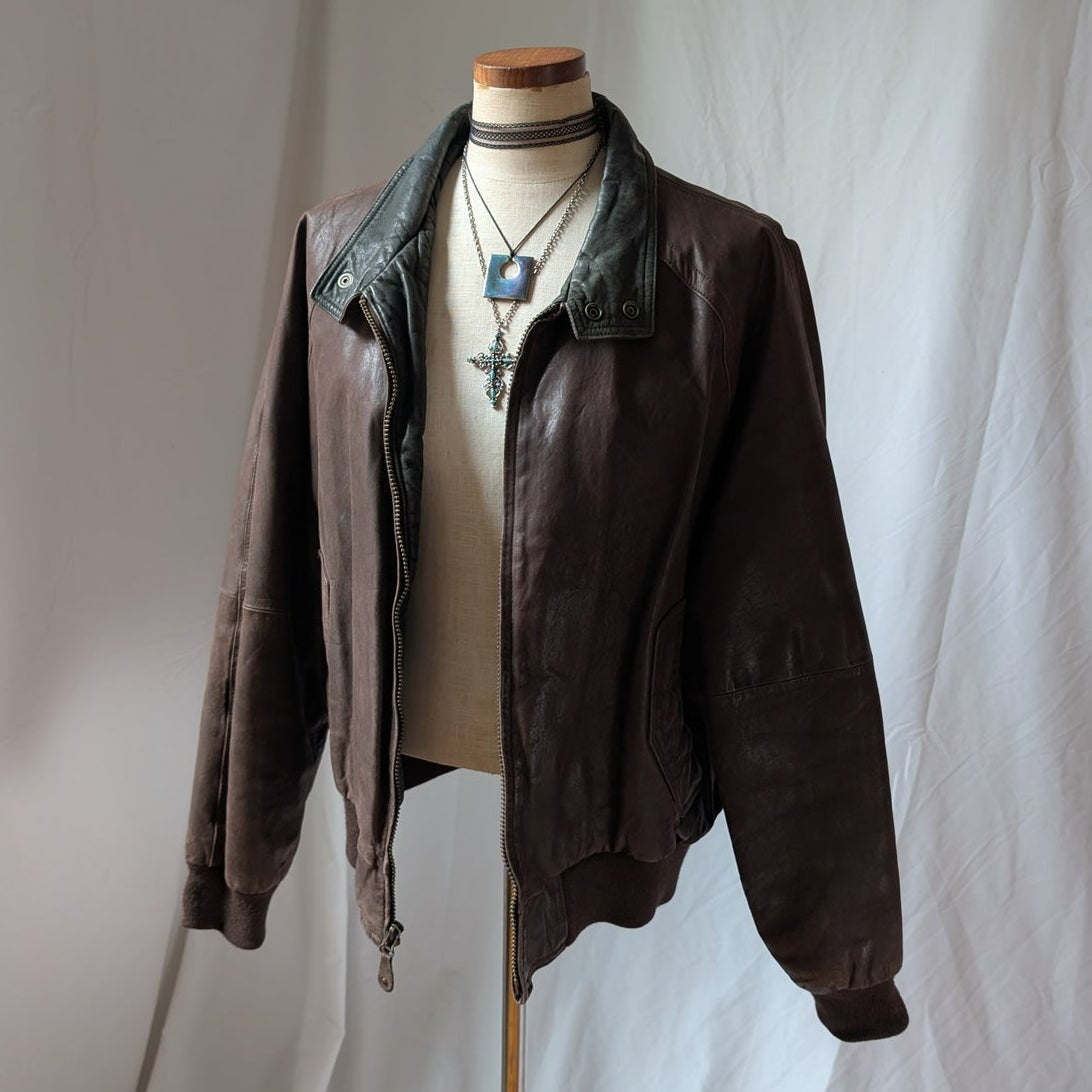 Vintage 90s Brown Leather Bomber Jacket L Slouchy Oversized Quilted Leather Coat
