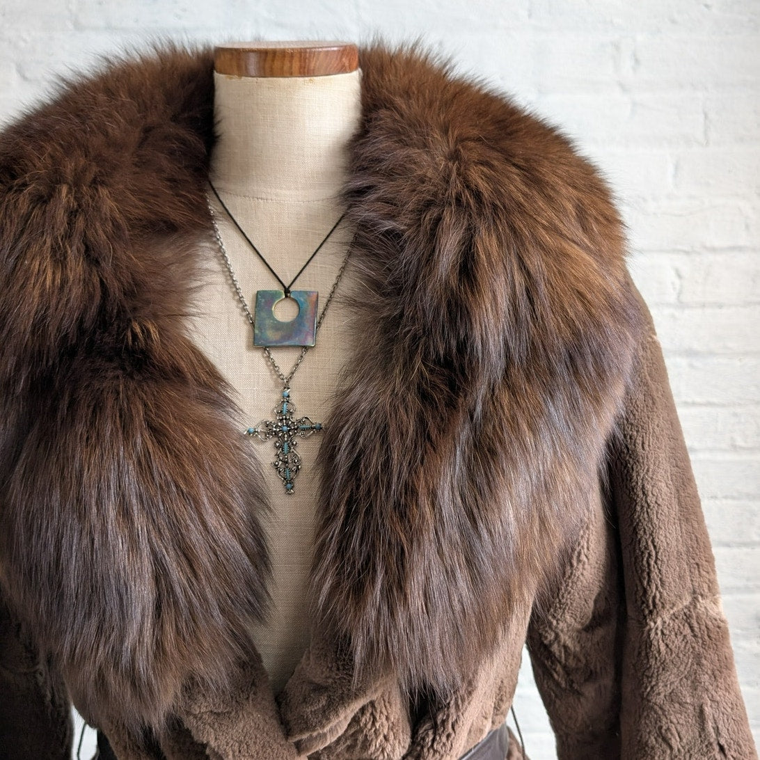 Vintage Brown Fox Fur Penny Lane Coat Mob Wife Leather Belted Furry Trench Coat