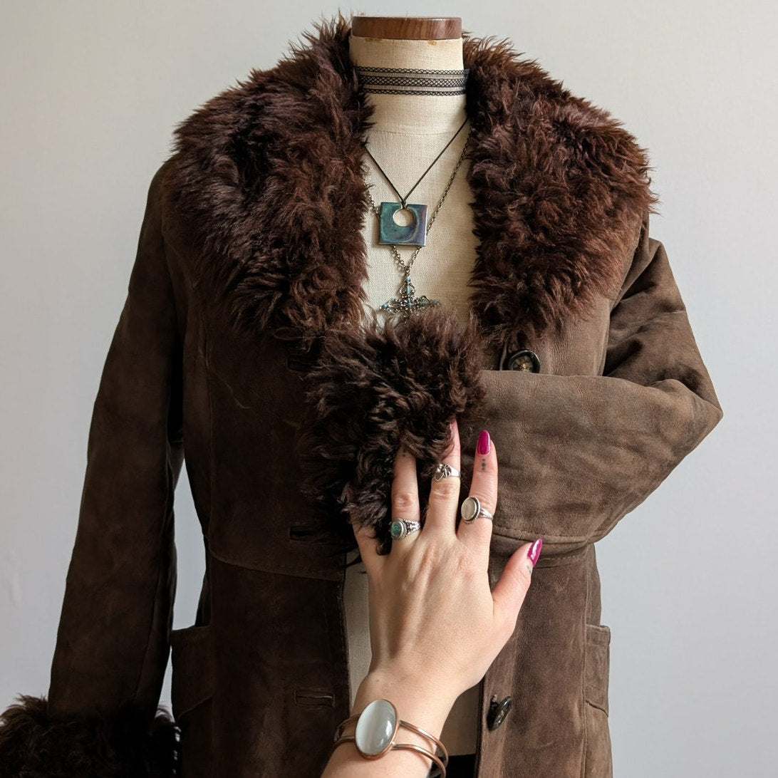 Vintage Brown Suede Penny Lane Jacket Fur Furry Leather Groovy Trench Coat Small
