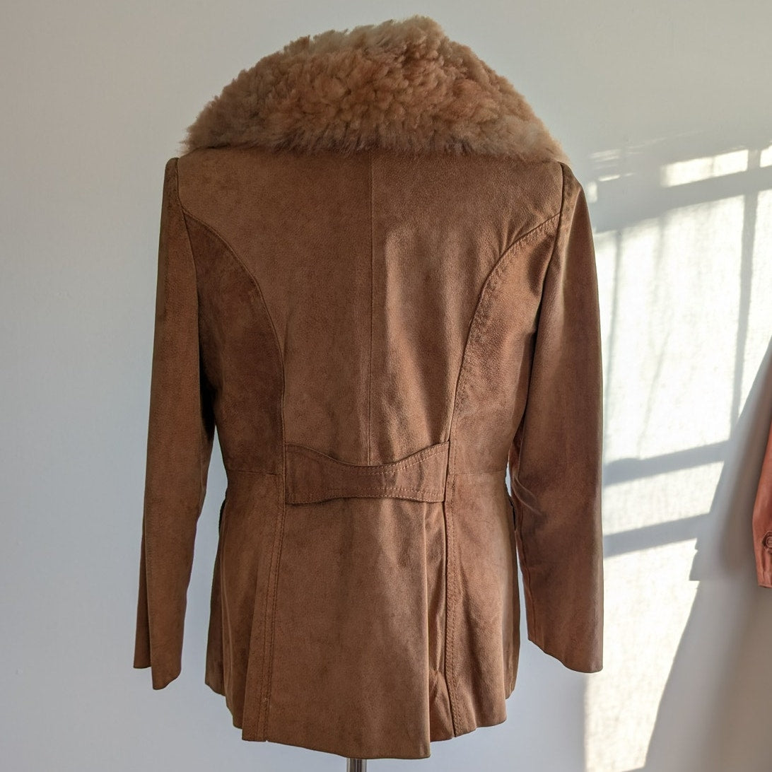 Vintage Brown Leather Coat 70s Suede Penny Lane Jacket Boho Chic Neutral Small