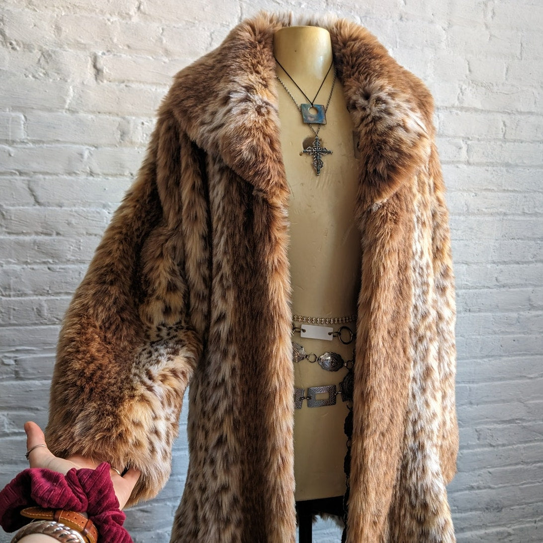 Vintage Cheetah Leopard Print Faux Fur Coat Trench Shaggy Groovy Grunge Jacket
