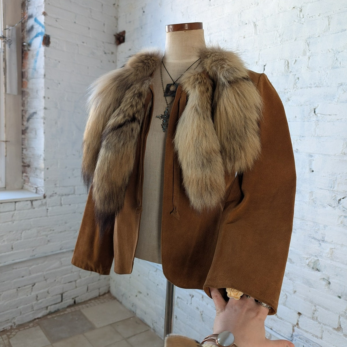 Vintage Brown Leather Jacket Fur Festival Jacket Foxtail Furry Boho Suede Medium