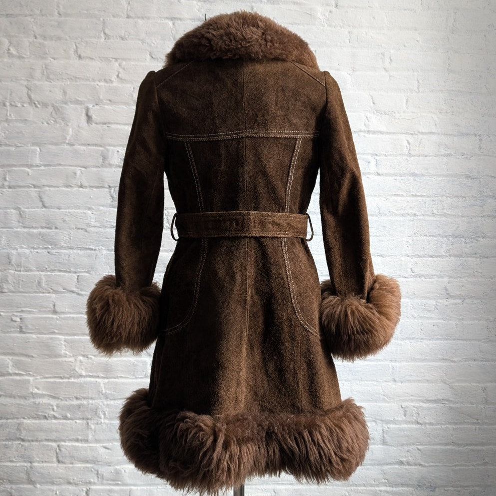 70s Brown Suede Jacket Penny Lane Fur Furry Leather Groovy Vintage Trench Coat