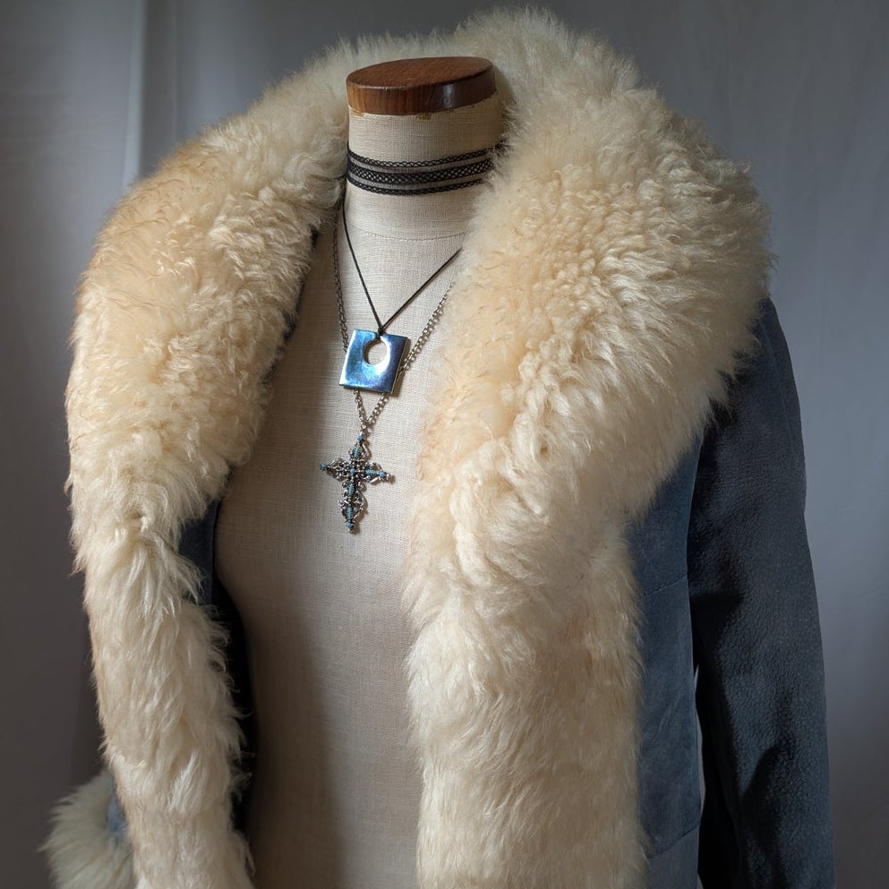 Vintage Blue Suede Afghan Coat S Penny Lane Jacket Fur Furry Leather Trench Coat