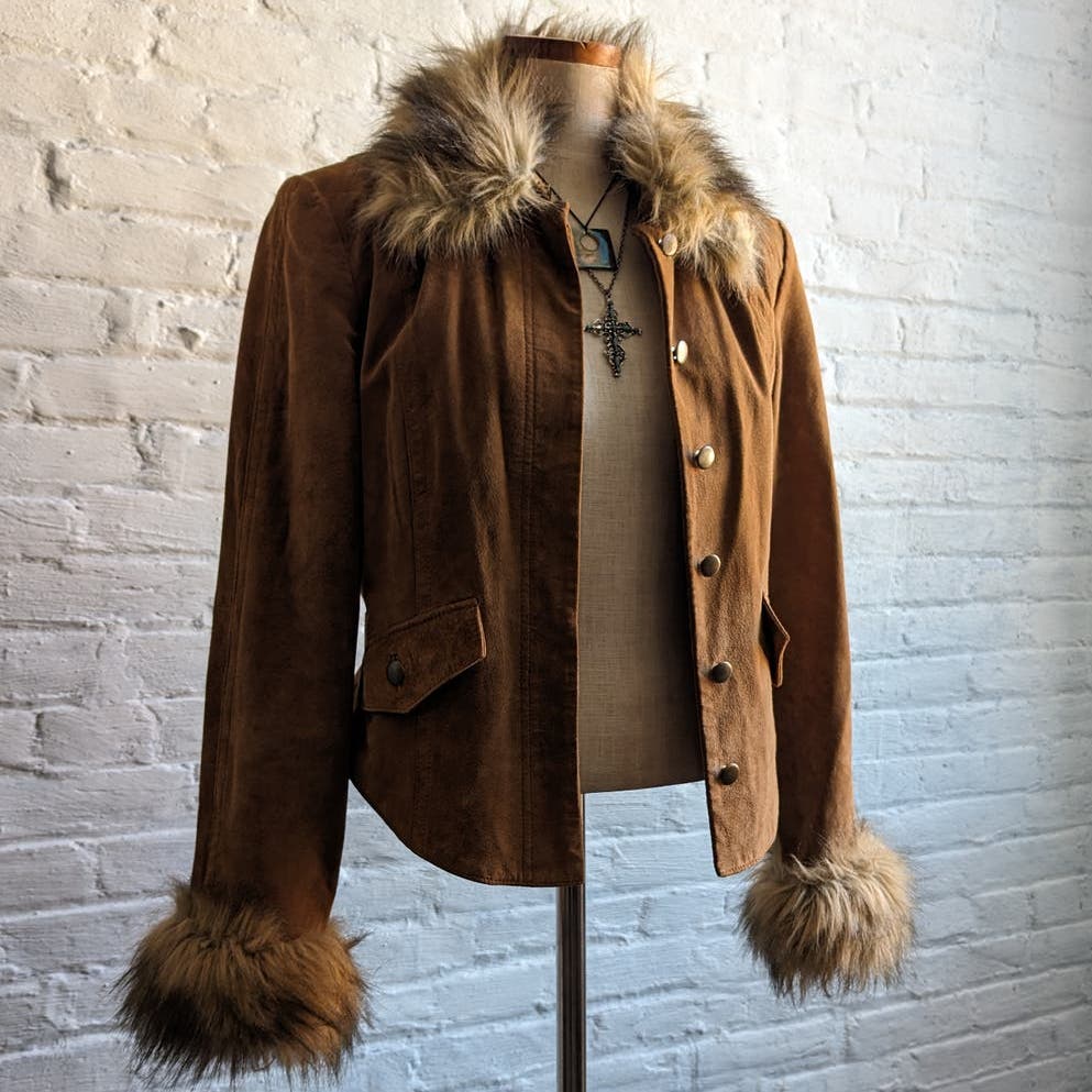 Y2K Vintage Furry Penny Lane Coat Genuine Suede Leather Vegan Fur Shag Jacket