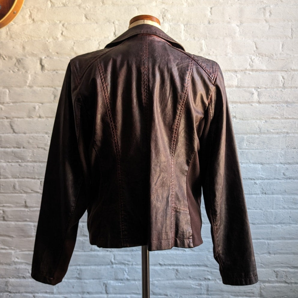 Y2K Vegan Faux Leather Moto Jacket Knit Distressed Boho Grunge Maroon Brown Coat