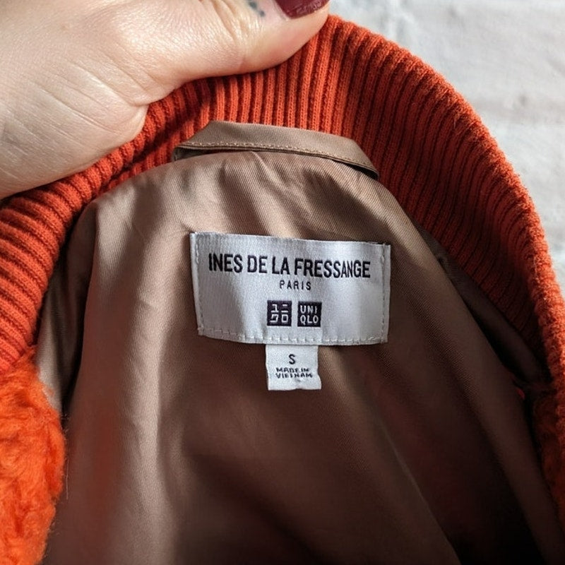Uniqlo Faux Fur Orange Coat Fuzzy Bomber Indie Retro Statement Preppy Jacket