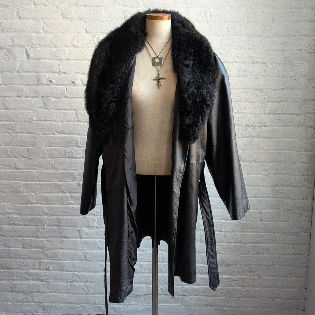 Vintage Black Leather Penny Lane Coat Fur Trench Minimalist Goth Furry Jacket