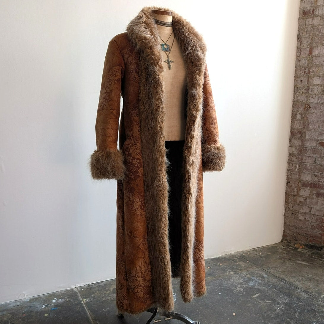 Vintage Penny Lane Groovy Faux Fur Jacket Boho Afghan Tapestry Trench Coat Small