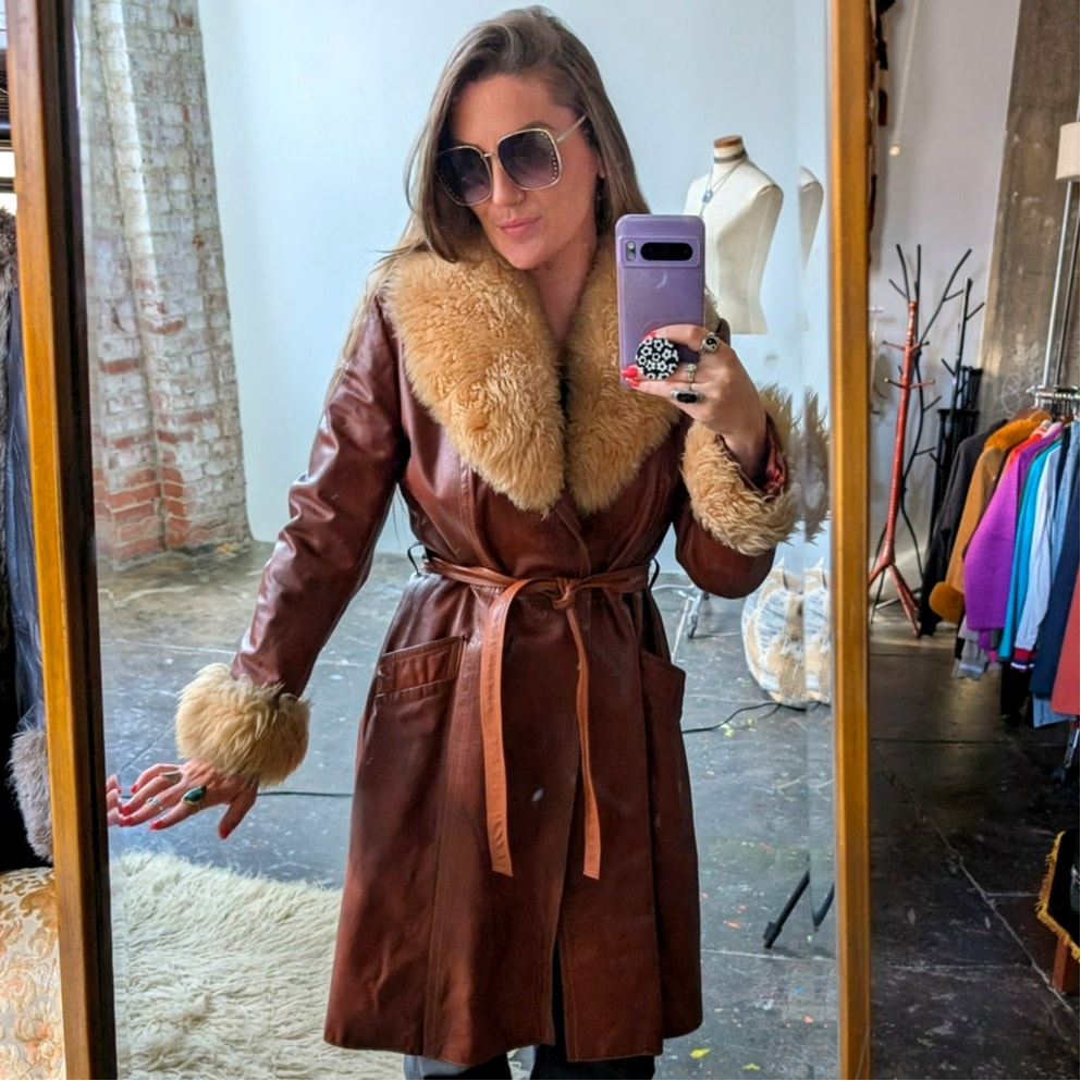 Vintage Leather Jacket Red Brown 70s Penny Lane Trench Coat Afghan Fur Medium