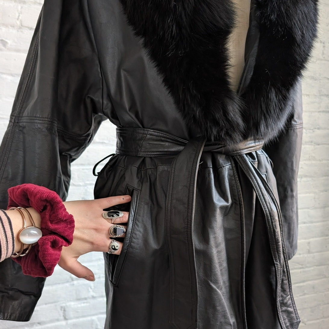 Vintage Black Leather Penny Lane Coat Fur Trench Minimalist Goth Furry Jacket