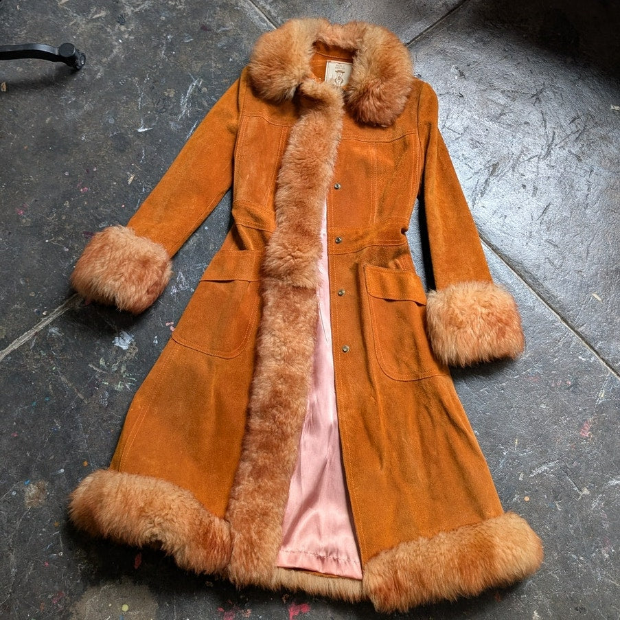 Vintage Orange Suede Penny Lane Afghan Trench Coat Fur Trim 70s Leather Jacket S