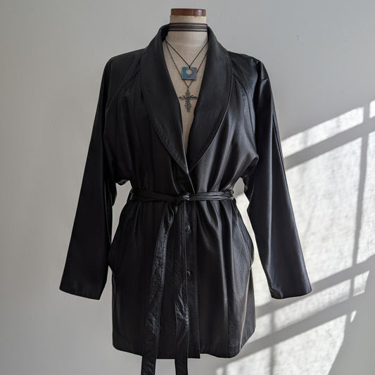 Vintage Black Leather Jacket Leather Trench Coat Minimalist Goth Duster Large XL