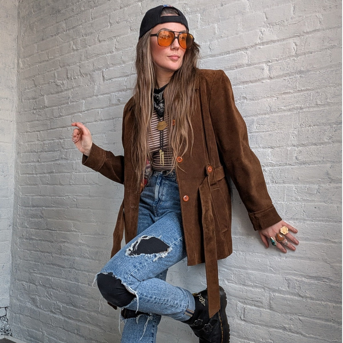 70s Vintage Brown Suede Leather Jacket Minimalist Boho Moto Biker Trench Coat