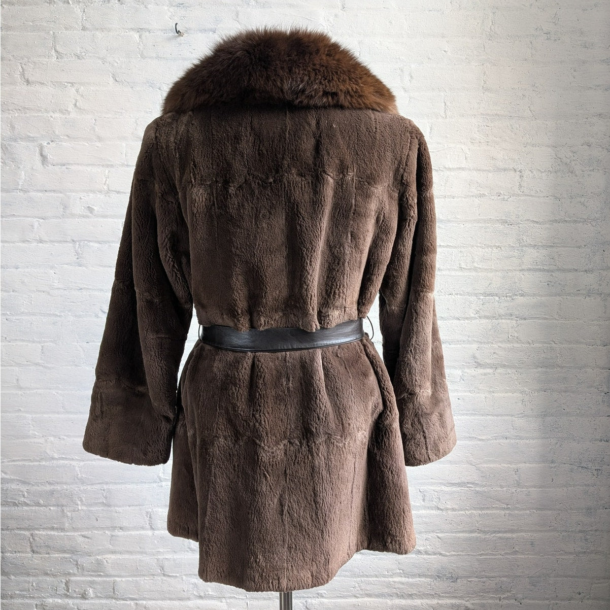 Vintage Brown Fox Fur Penny Lane Coat Mob Wife Leather Belted Furry Trench Coat