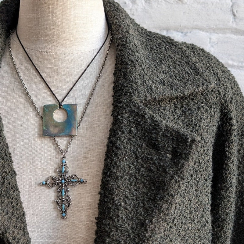 Y2K Vintage Green Wool Trench Coat Knit Earthtone Oversize Boho Jacket Medium