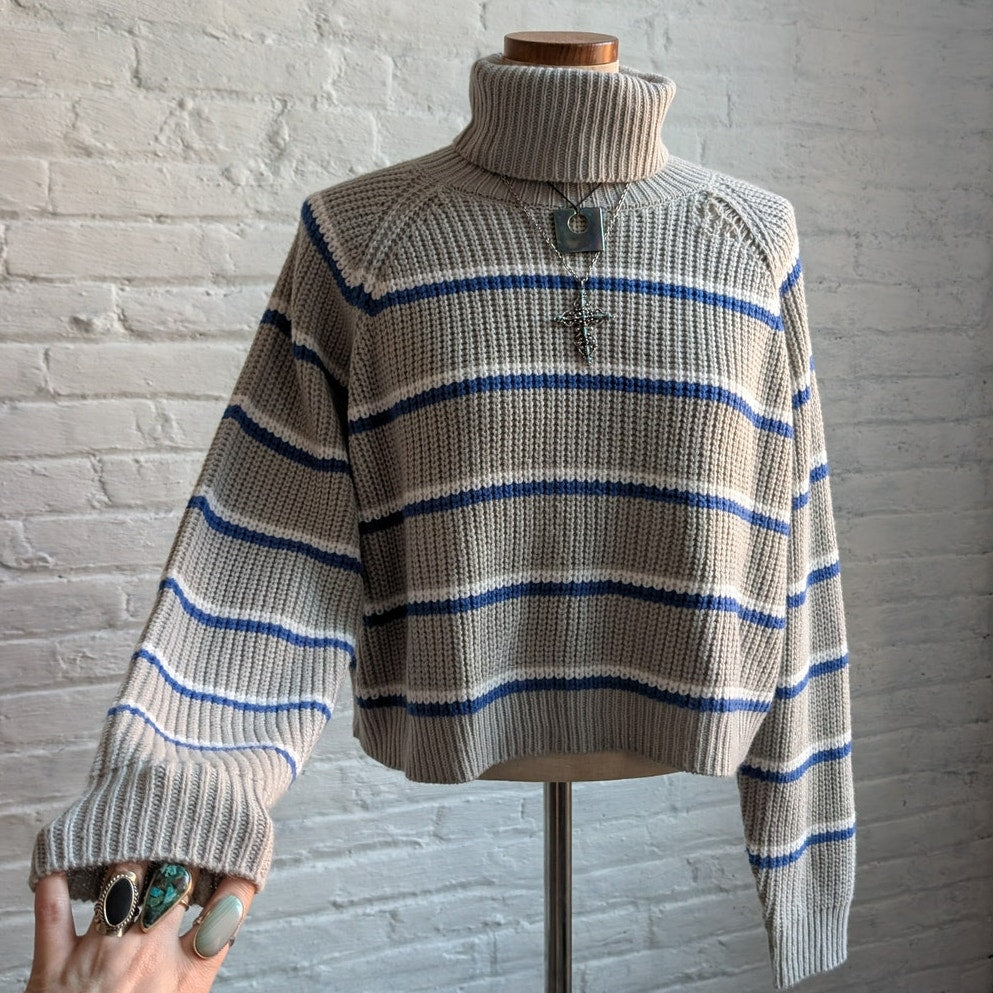 Y2K Oversize Gray Striped Knit Grandpa Sweater Boho Chic Preppy Chunky Fuzzy Top