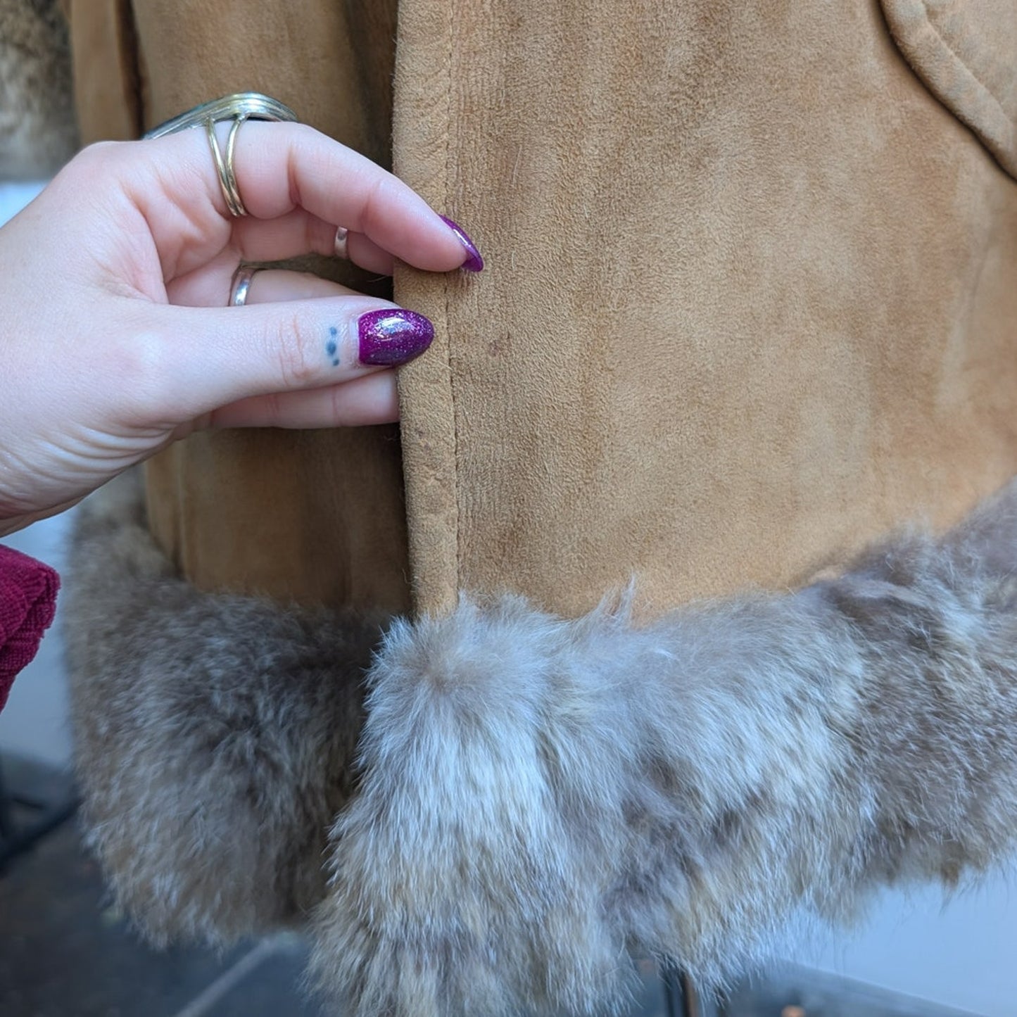 Vintage Brown Suede Fur Trim Penny Lane Jacket Furry Leather Trench Coat Medium