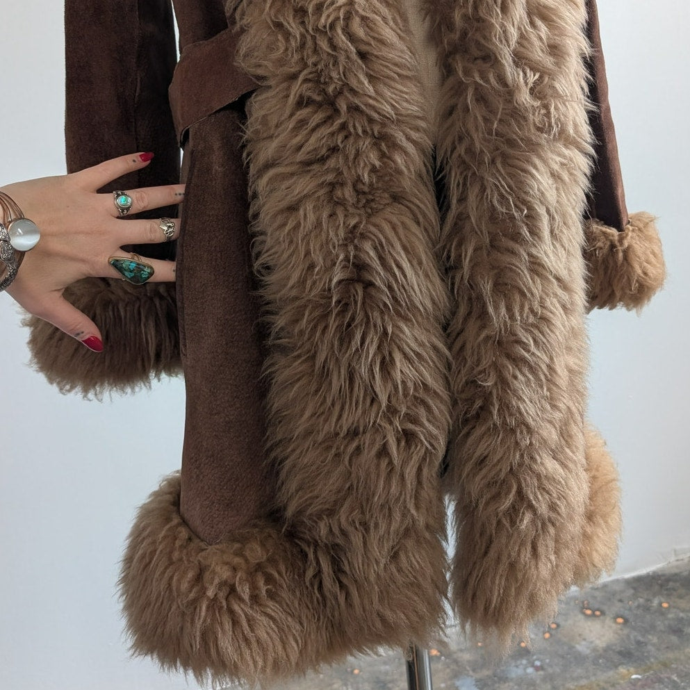 Vintage Brown Suede Penny Lane Jacket Groovy Fur Trim Leather Trench Coat Medium