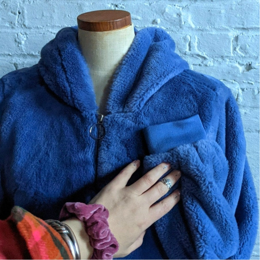 Y2K Blue Faux Fur Jacket Furry Hooded Zip Up Sweatshirt M Velvet Fuzzy Sweater