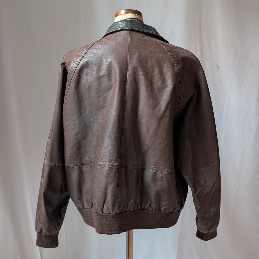 Vintage 90s Brown Leather Bomber Jacket L Slouchy Oversized Quilted Leather Coat