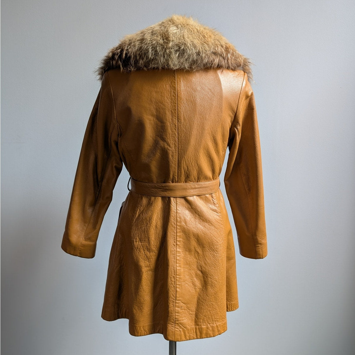 Vintage Mustard Leather Penny Lane Jacket Groovy Fur Trim 70s Trench Coat Medium