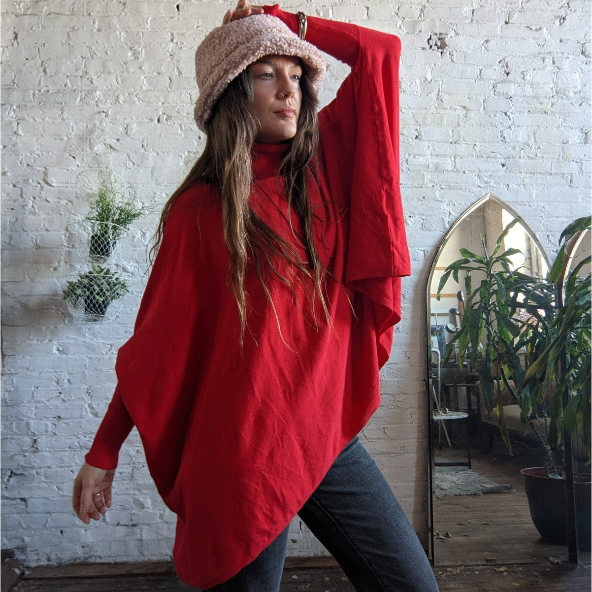 Retro Red Turtleneck Poncho Sweater Oversized Dolman Boho Grunge Cherry Large