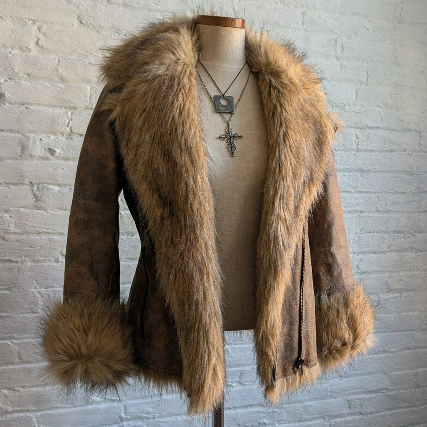 Vintage Brown Leather Fur Penny Lane Jacket Groovy Afghan Almost Famous Y2K Coat