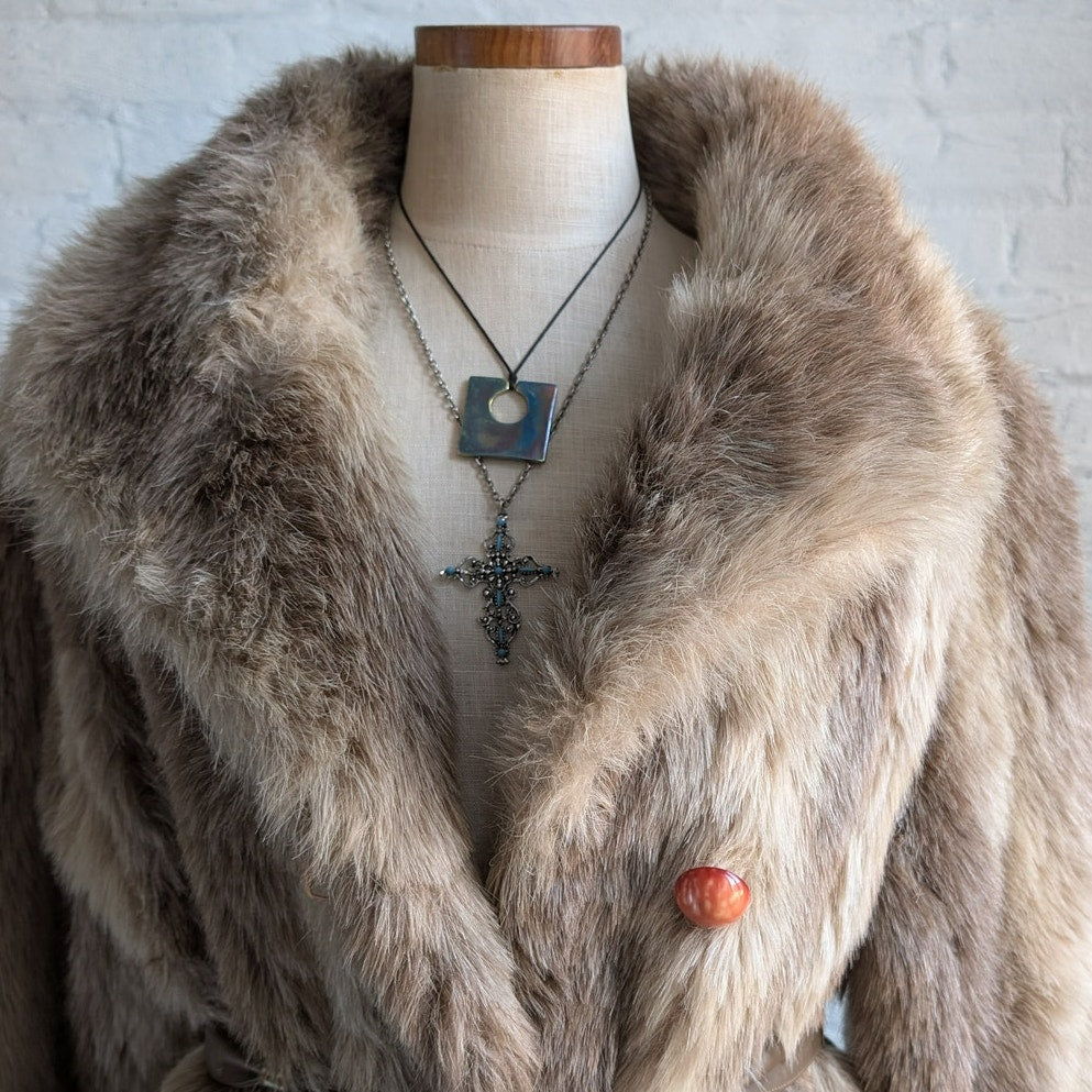 Vintage Neutral Brown Faux Fur Trench Coat Mob Wife Fuzzy Glam Plush Boho Jacket