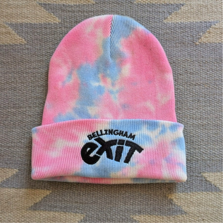 Tie Dye Beanie Pink Blue Cotton Knit Festival Hat Embroidered Exit Bellingham
