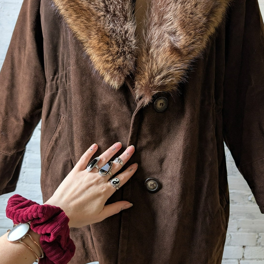 Vintage Brown Suede Coat Fur Trim Genuine Leather Minimalist Mini Trench Jacket