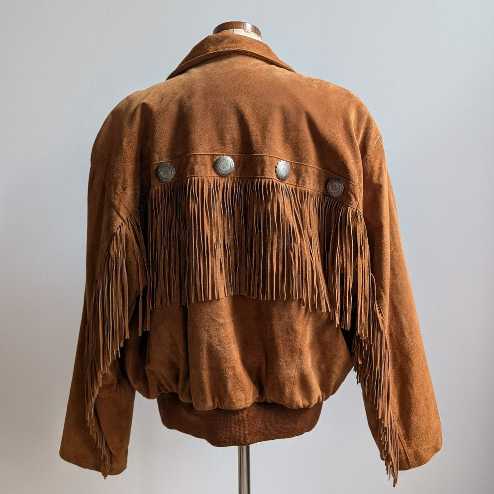 Vintage Brown Suede Leather Jacket Fringe Biker Western Moto Bomber Coat Large