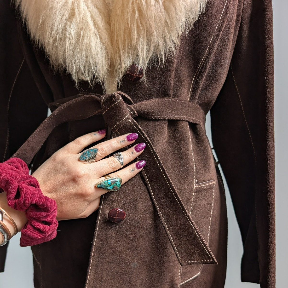Vintage Brown Suede Penny Lane Jacket Belted Furry Leather Western Coat Medium