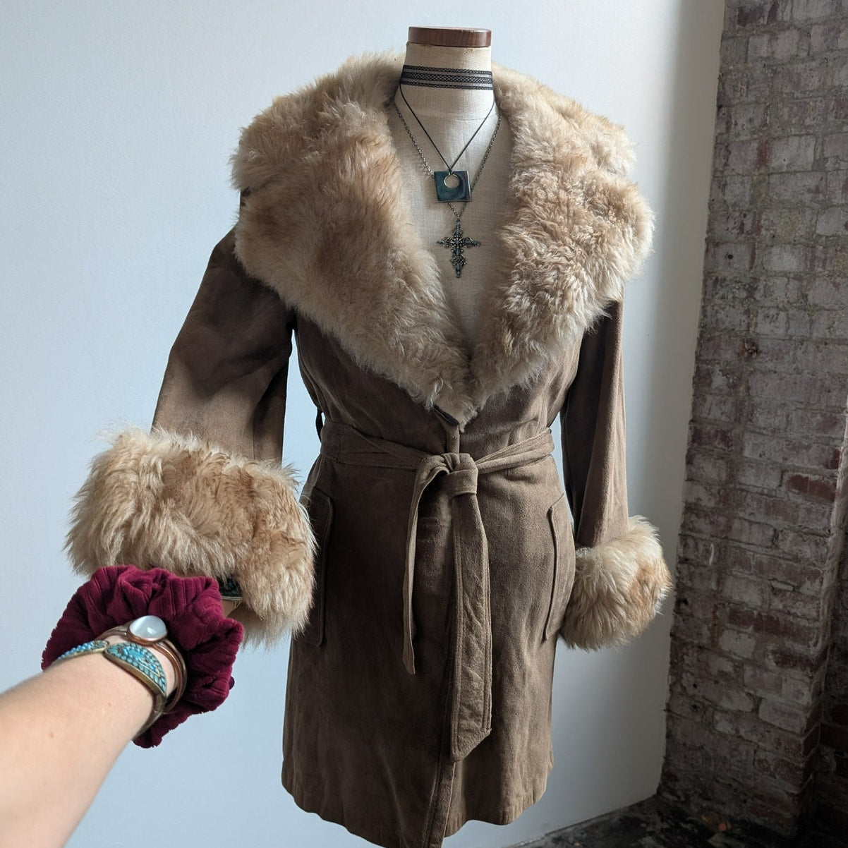 Vintage Brown Leather Penny Lane Coat Tan Suede Fur 70s Afghan Jacket Medium