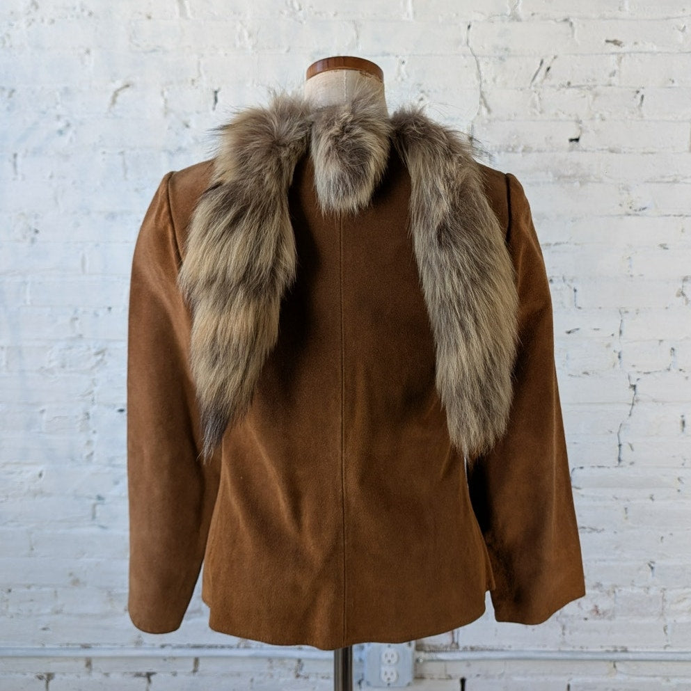 Vintage Brown Leather Jacket Fur Festival Jacket Foxtail Furry Boho Suede Medium