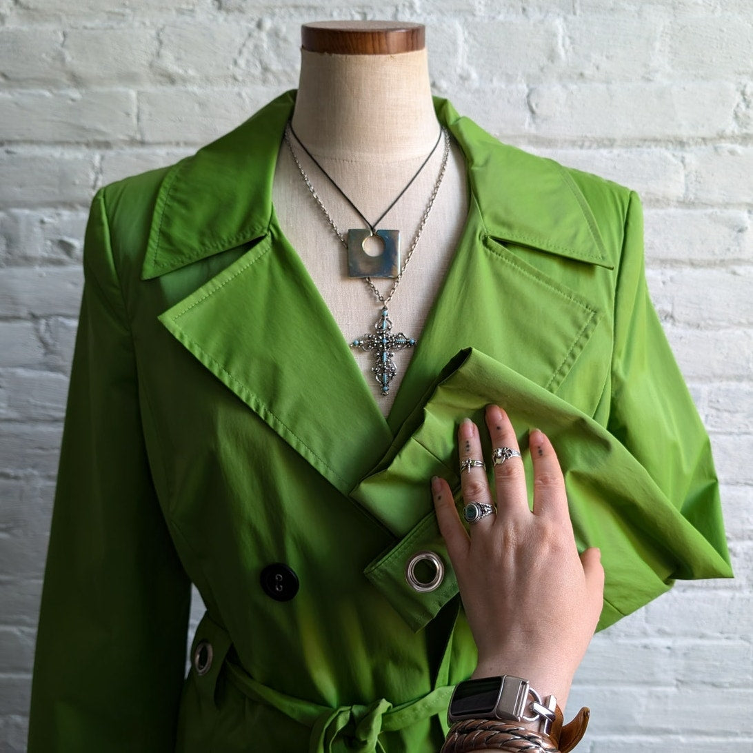 Y2K Lime Green Trench Coat Earthy Minimalist Preppy Belted Rain Jacket Medium