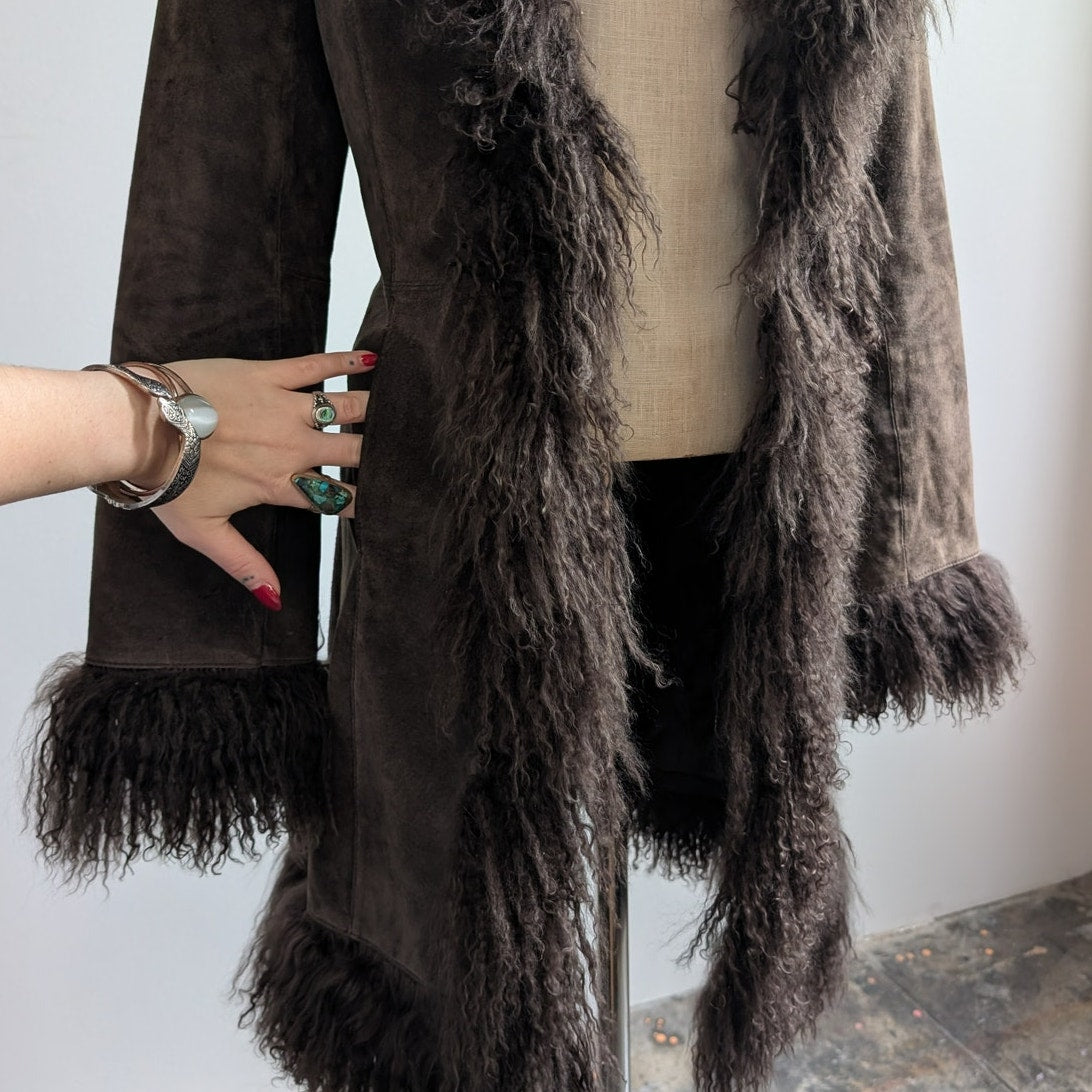 Vintage Brown Suede Penny Lane Jacket Fur Shag Leather Groovy Trench Coat Medium