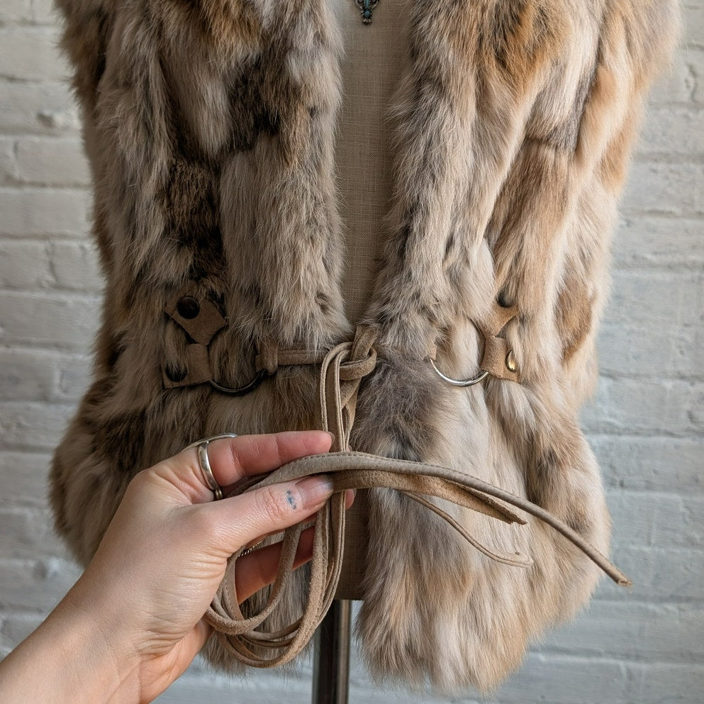 Vintage Cream Rabbit Fur Vest Penny Lane Fuzzy Spotted Groovy Boho Moto Jacket