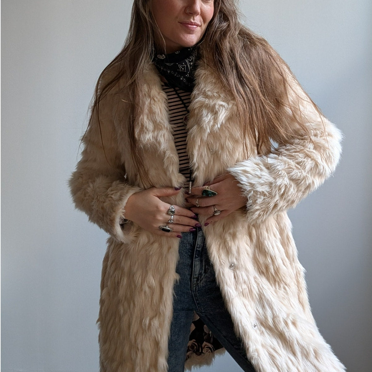 White Shaggy Faux Fur Trench Coat Cream Furry Penny Lane 70s Afghan Jacket Small